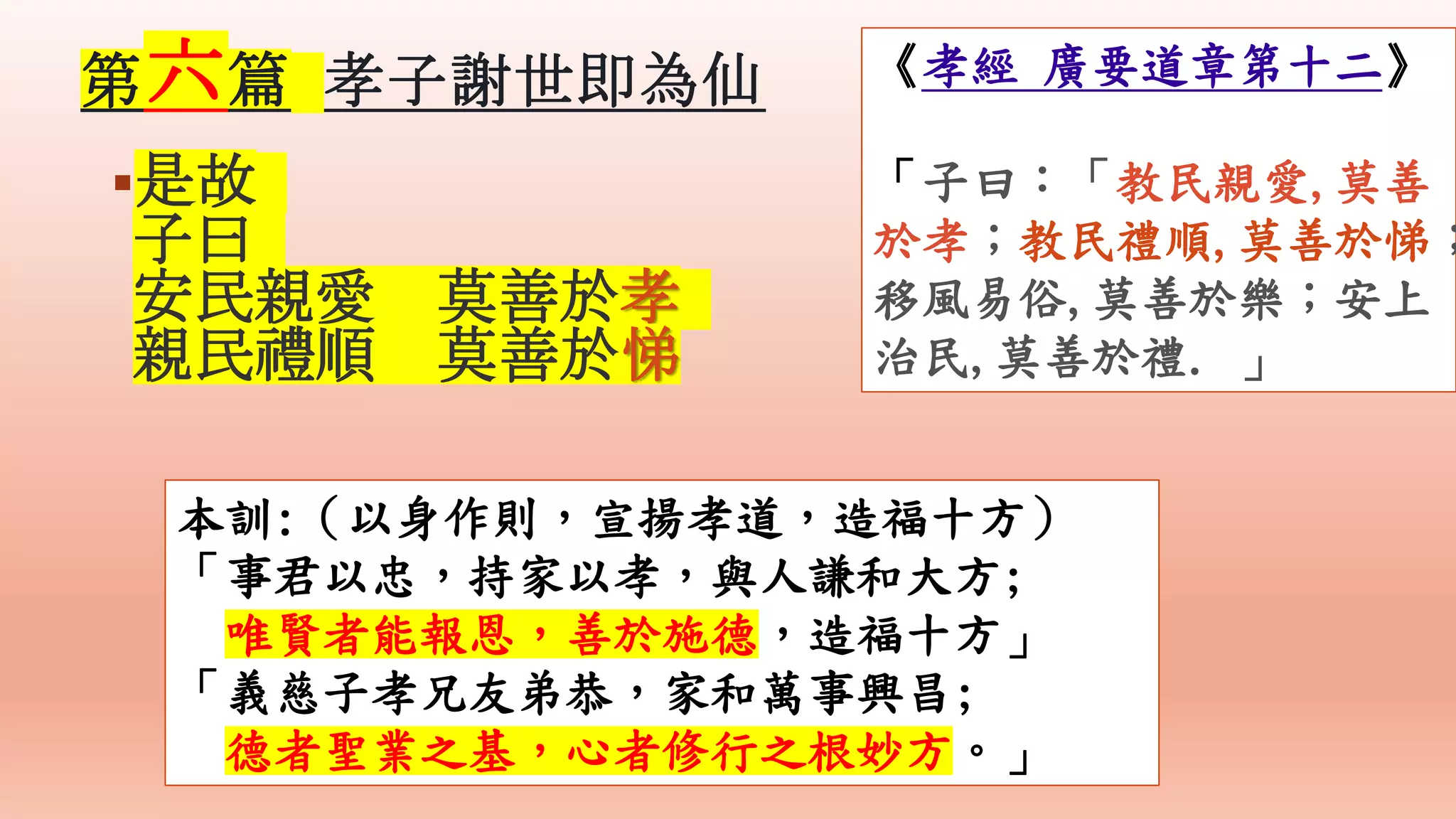 是故
子曰
安民親愛 莫善於孝
親民禮順 莫善於悌
《孝經 廣要道章第十二》
「子曰：「教民親愛,莫善
於孝；教民禮順,莫善於悌；
移風易俗,莫善於樂；安上
治民,莫善於禮. 」
本訓:（以身作則，宣揚孝道，造福十方）
「事君以忠，持家以孝，與人謙和大方;
唯賢者能報恩，善於施德，造福十方」
「義慈子孝兄友弟恭，家和萬事興昌;
德者聖業之基，心者修行之根妙方。」
第六篇 孝子謝世即為仙
 