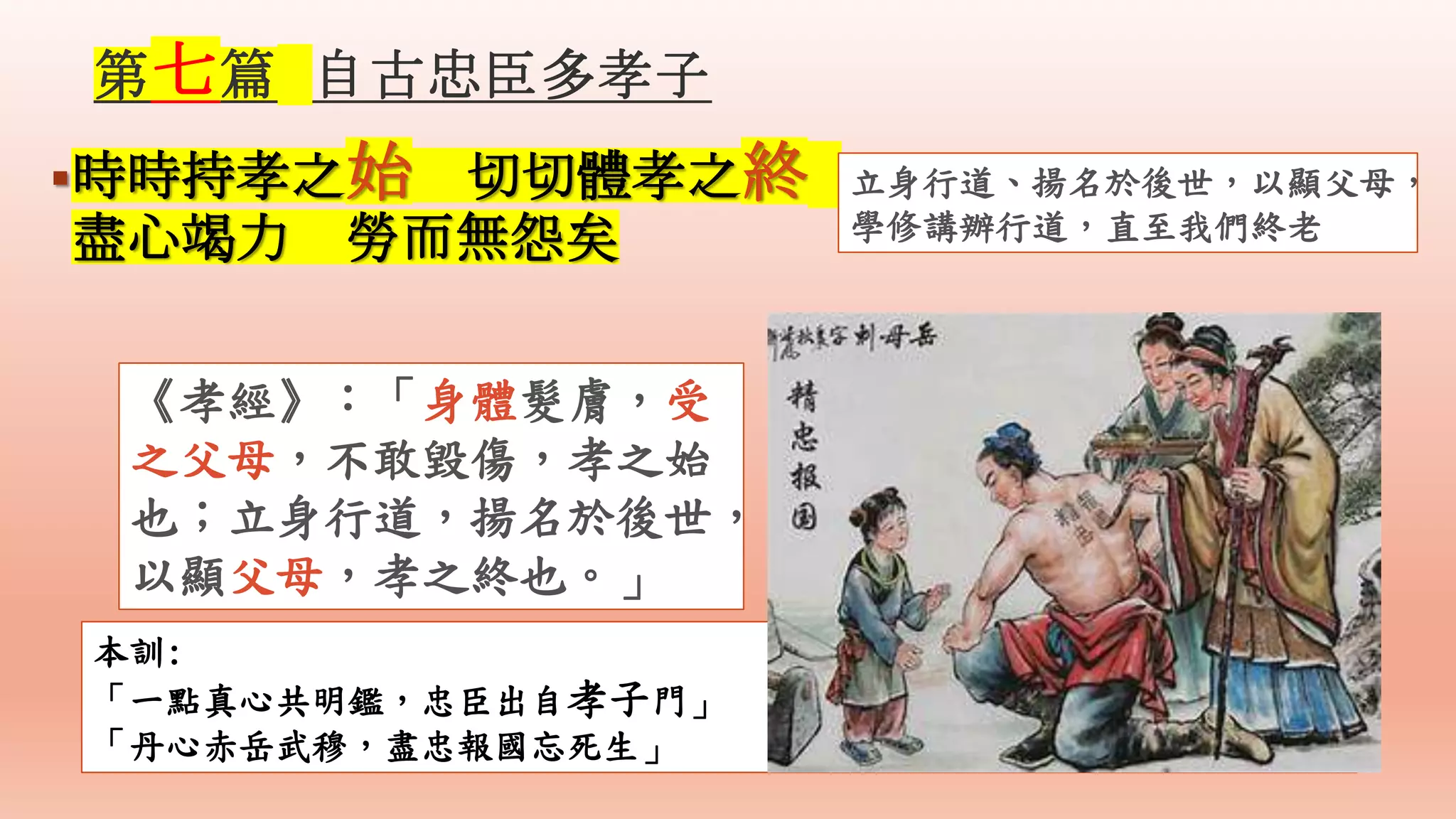 時時持孝之始 切切體孝之終
盡心竭力 勞而無怨矣
《孝經》：「身體髮膚，受
之父母，不敢毀傷，孝之始
也；立身行道，揚名於後世，
以顯父母，孝之終也。」
本訓:
「一點真心共明鑑，忠臣出自孝子門」
「丹心赤岳武穆，盡忠報國忘死生」
立身行道、揚名於後世，以顯父母，
學修講辦行道，直至我們終老
第七篇 自古忠臣多孝子
 