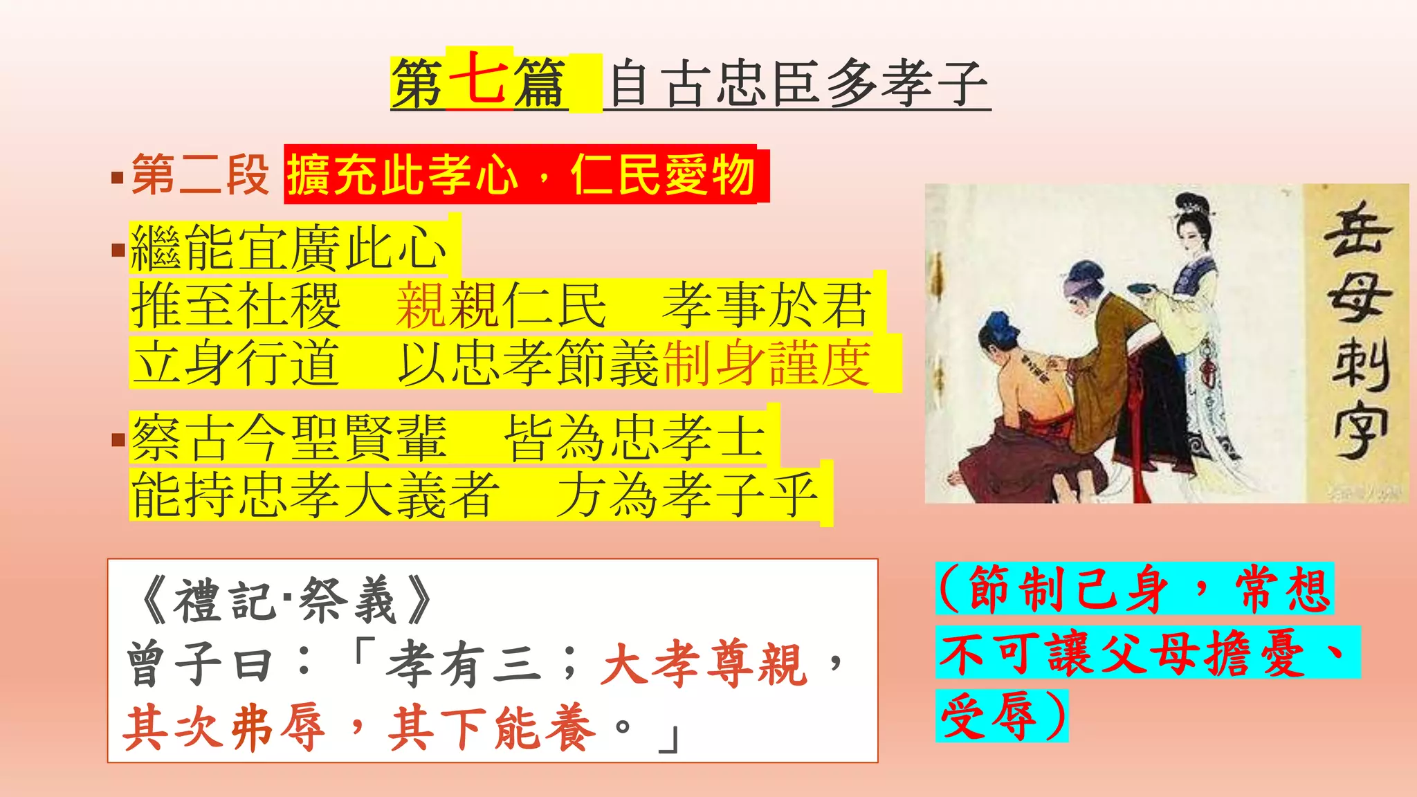 第二段 擴充此孝心，仁民愛物
繼能宜廣此心
推至社稷 親親仁民 孝事於君
立身行道 以忠孝節義制身謹度
察古今聖賢輩 皆為忠孝士
能持忠孝大義者 方為孝子乎
(節制己身，常想
不可讓父母擔憂、
受辱)
《禮記·祭義》
曾子曰：「孝有三；大孝尊親，
其次弗辱，其下能養。」
第七篇 自古忠臣多孝子
 