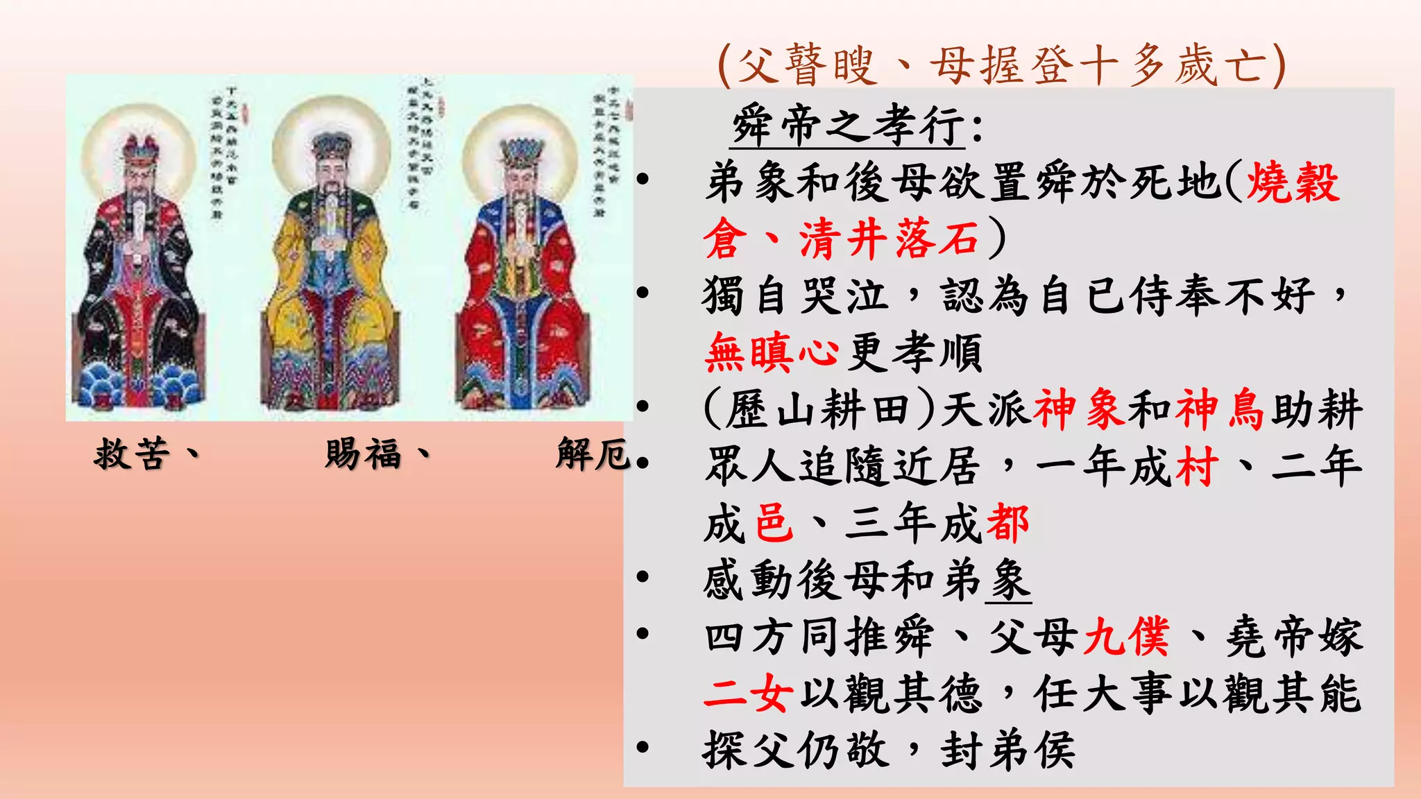 舜帝之孝行:
• 弟象和後母欲置舜於死地(燒穀
倉、清井落石)
• 獨自哭泣，認為自已侍奉不好，
無瞋心更孝順
• (歷山耕田)天派神象和神鳥助耕
• 眾人追隨近居，一年成村、二年
成邑、三年成都
• 感動後母和弟象
• 四方同推舜、父母九僕、堯帝嫁
二女以觀其德，任大事以觀其能
• 探父仍敬，封弟侯
救苦、 賜福、 解厄
(父瞽瞍、母握登十多歲亡)
 