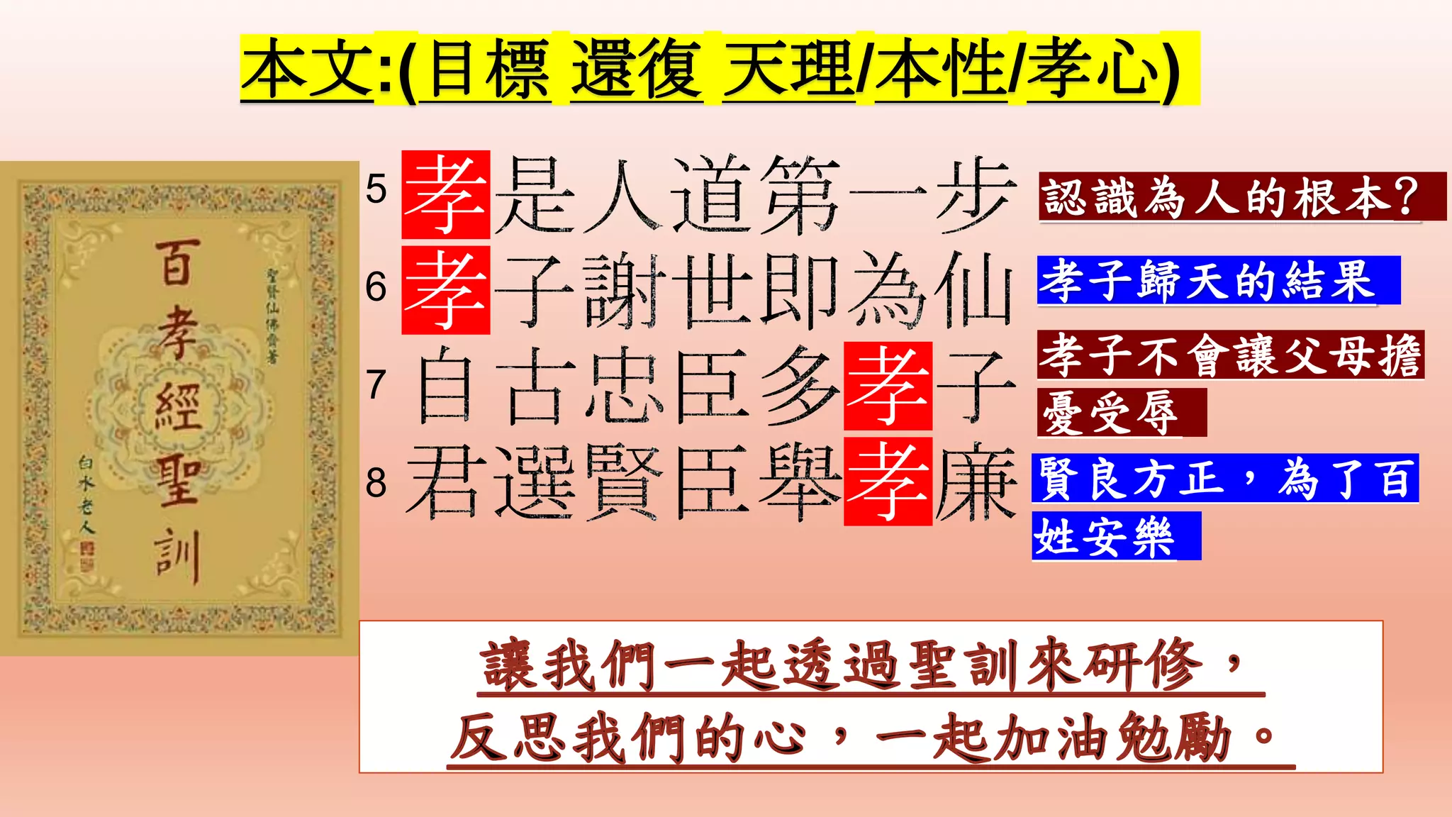孝
孝
孝
孝
本文:(目標 還復 天理/本性/孝心)
認識為人的根本?
孝子歸天的結果
孝子不會讓父母擔
憂受辱
賢良方正，為了百
姓安樂
5
6
7
8
 