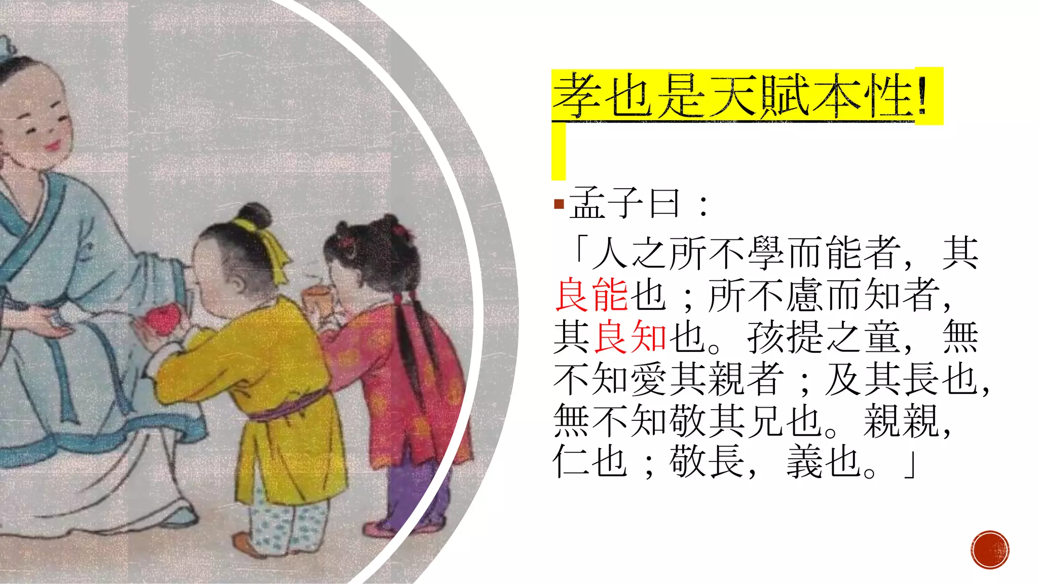 孟子曰：
「人之所不學而能者，其
良能也；所不慮而知者，
其良知也。孩提之童，無
不知愛其親者；及其長也，
無不知敬其兄也。親親，
仁也；敬長，義也。」
 