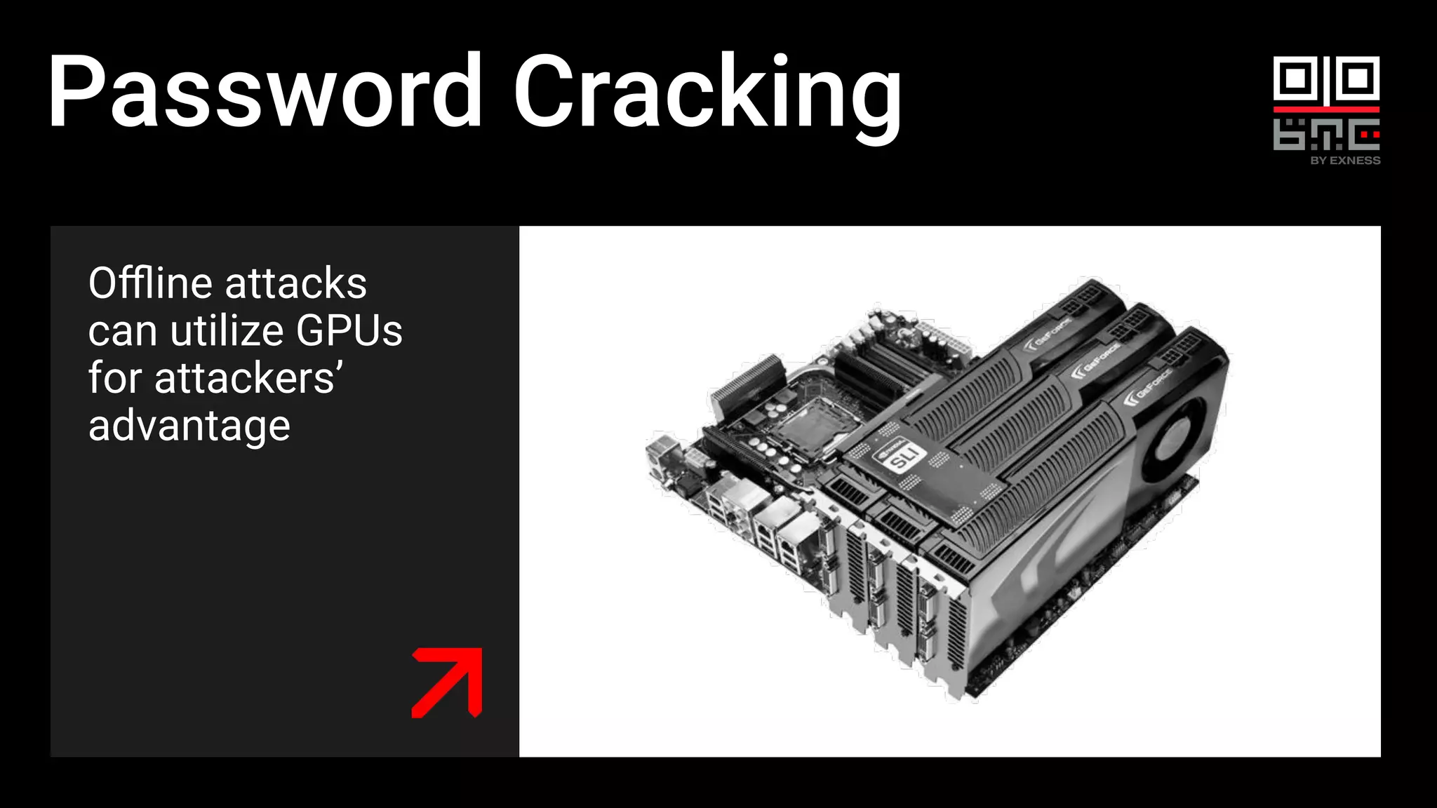 Password Cracking
Oﬄine attacks
can utilize GPUs
for attackers’
advantage
 