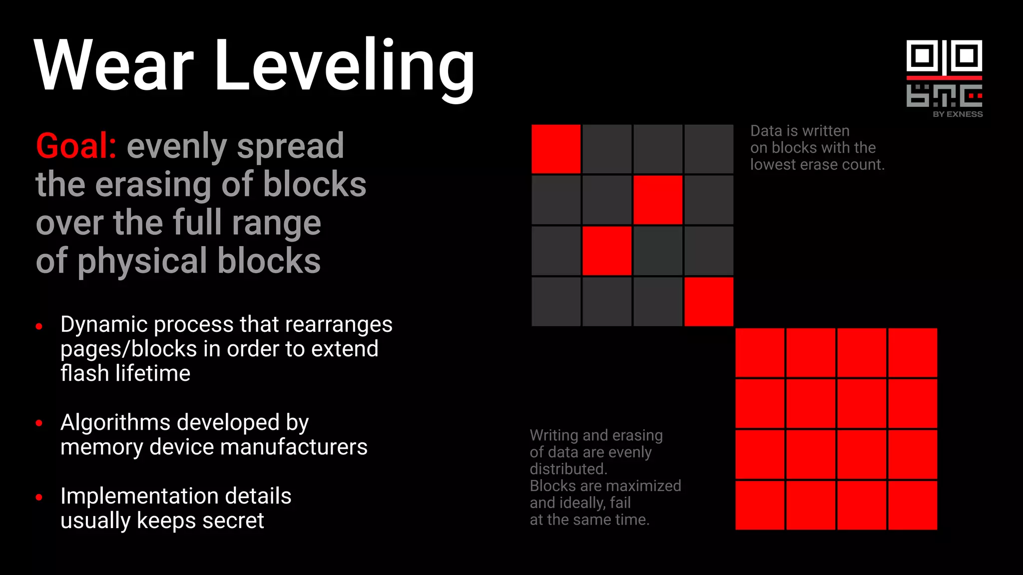 Wear Leveling
Dynamic process that rearranges
pages/blocks in order to extend
ﬂash lifetime
Algorithms developed by
memory device manufacturers
Implementation details
usually keeps secret
Goal: evenly spread
the erasing of blocks
over the full range
of physical blocks
Data is written
on blocks with the
lowest erase count.
Writing and erasing
of data are evenly
distributed.
Blocks are maximized
and ideally, fail
at the same time.
 