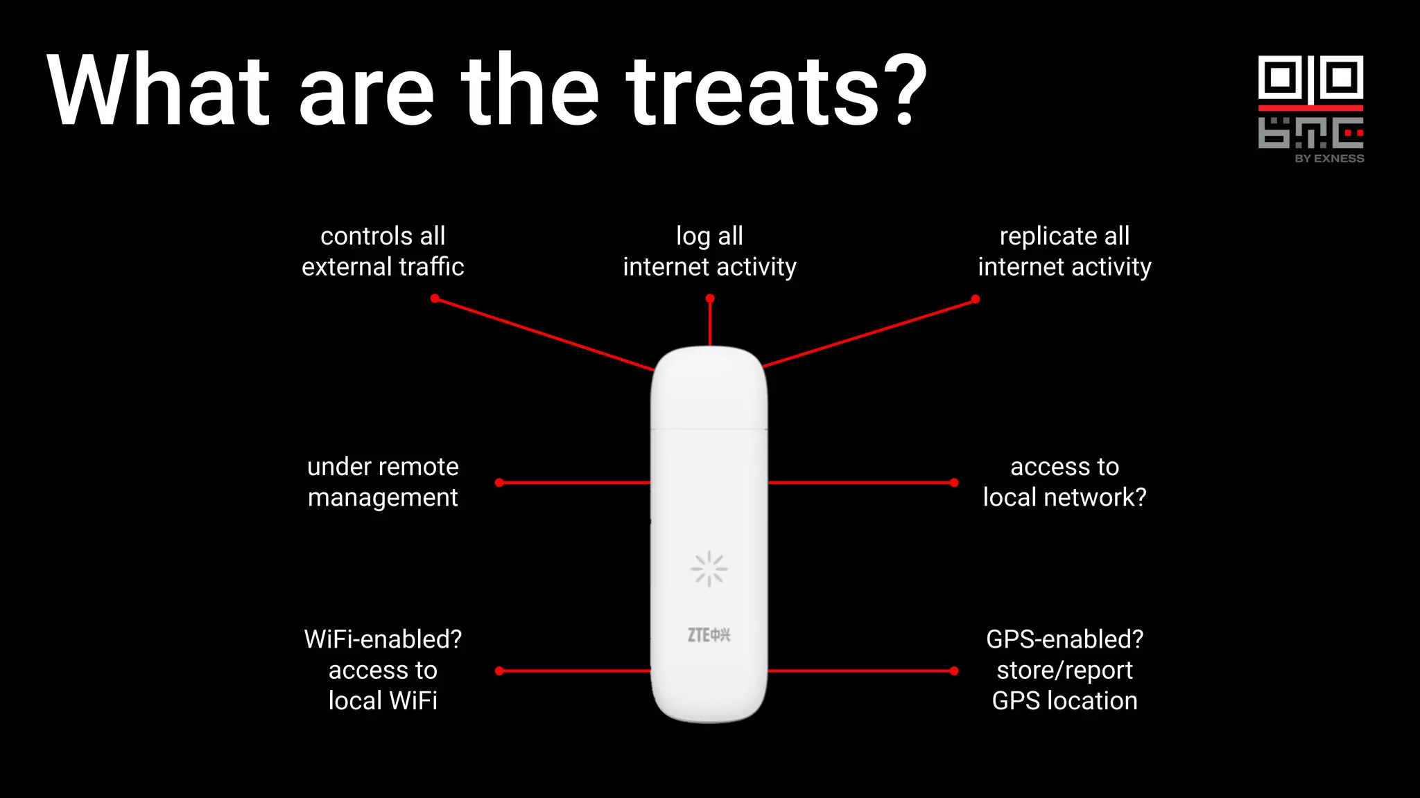 What are the treats?
log all
internet activity
replicate all
internet activity
access to
local network?
GPS-enabled?
store/report
GPS location
WiFi-enabled?
access to
local WiFi
under remote
management
controls all
external traﬃc
 