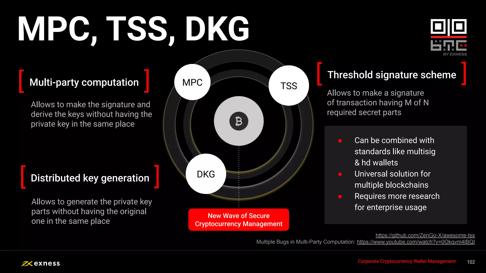 102
102
102
102
102
MPC TSS
DKG
Multi-party computation ]
[
Distributed key generation ]
[
Threshold signature scheme ]
[
Corporate Cryptocurrency Wallet Management
https://github.com/ZenGo-X/awesome-tss
Multiple Bugs in Multi-Party Computation: https://www.youtube.com/watch?v=0Okqvm4lBQI
Allows to make the signature and
derive the keys without having the
private key in the same place
Allows to generate the private key
parts without having the original
one in the same place
Allows to make a signature
of transaction having M of N
required secret parts
● Can be combined with
standards like multisig
& hd wallets
● Universal solution for
multiple blockchains
● Requires more research
for enterprise usage
MPC, TSS, DKG
New Wave of Secure
Cryptocurrency Management
 