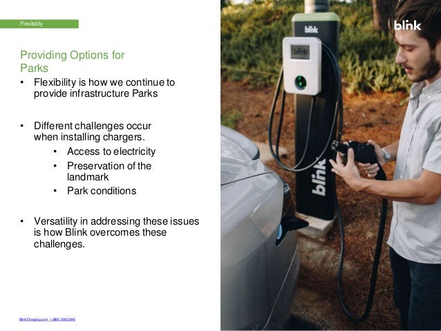 BlinkCharging.com • (888) 998.2546 © 2022 Bl n C
h
E
a
Vg
C
iha
ngrg
C
io
ng
. S
A
ollluR
t
i
i
goh
nst
s
w
Reser
ith B
l
v
i
e
d
n
k
.
© 2022 Blink Charging Co. All Rights Reserved.
Flexibility
Providing Options for
Parks
• Flexibility is how we continue to
provide infrastructure Parks
• Different challenges occur
when installing chargers.
• Access to electricity
• Preservation of the
landmark
• Park conditions
• Versatility in addressing these issues
is how Blink overcomes these
challenges.
 