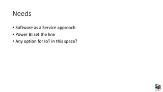 Needs
• Software as a Service approach
• Power BI set the line
• Any option for IoT in this space?
 
