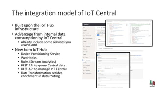 The integration model of IoT Central
• Built upon the IoT Hub
infrastructure
• Advantage from internal data
consumption by IoT Central
• Already include some services you
always add
• New from IoT Hub
• Device Provisioning Service
• WebHooks
• Rules (Stream Analytics)
• REST API to query Central data
• REST API to manage IoT Central
• Data Transformation besides
enrichment in data routing
 