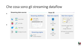 Che cosa sono gli streaming dataflow
• Problema: Gli analisti necessitano di assistenza tecnica per gestire le
origini dati in streaming. L’ IT spesso si affidano a sistemi
personalizzati e a una combinazione di tecnologie senza le quali non
potrebbero fornire ai decisori dati in tempo reale.
• Soluzione: I streaming dataflow consentono agli autori di connettersi,
importare, eseguire il mash-up, modellare e creare report basati sullo
streaming di dati quasi in tempo reale direttamente nel servizio
Power BI.
 