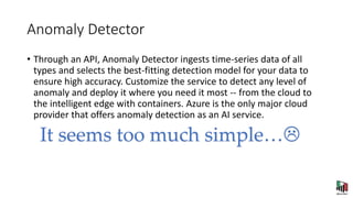 Anomaly Detector
• Through an API, Anomaly Detector ingests time-series data of all
types and selects the best-fitting detection model for your data to
ensure high accuracy. Customize the service to detect any level of
anomaly and deploy it where you need it most -- from the cloud to
the intelligent edge with containers. Azure is the only major cloud
provider that offers anomaly detection as an AI service.
It seems too much simple…
 