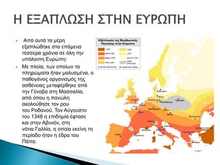  Από αυτά τα μέρη
εξαπλώθηκε στα επόμενα
τέσσερα χρόνια σε όλη την
υπόλοιπη Ευρώπη:
 Με πλοία, των οποίων τα
πληρώματα ήταν μολυσμένα, ο
παθογόνος οργανισμός της
ασθένειας μεταφέρθηκε από
την Γένοβα στη Μασσαλία,
από όπου η πανώλη
ακολούθησε τον ρου
του Ροδανού. Τον Αύγουστο
του 1348 η επιδημία έφτασε
και στην Αβινιόν, στη
νότια Γαλλία, η οποία εκείνη τη
περίοδο ήταν η έδρα του
Πάπα.
 