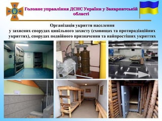 1
Організація укриття населення
у захисних спорудах цивільного захисту (сховищах та протирадіаційних
укриттях), спорудах п...