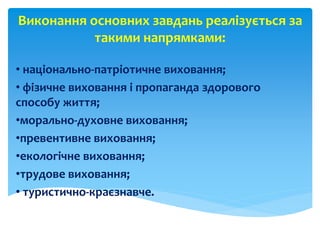 Виконання основних завдань реалізується за
такими напрямками:
• національно-патріотичне виховання;
• фізичне виховання і пропаганда здорового
способу життя;
•морально-духовне виховання;
•превентивне виховання;
•екологічне виховання;
•трудове виховання;
• туристично-краєзнавче.
 