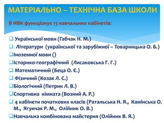 В НВК функціонує 13 навчальних кабінетів:
 Української мови (Габчак Н. М.)
 Літератури (української та зарубіжної – Товарницька О. Б.)
Іноземної мови ()
Історико-географічний (Лисаковська Г. Г.)
 Математичний (Беца О. Є.)
 Фізичний (Козак Л. С.)
Біологічний (Петрик Л. В.)
Спортивна кімната (Возний А. Р.)
 4 кабінети початкових класів (Ратальська Н. Я., Камінська О.
М., Ягунчак Р. М., Олійник О. В.)
Навчальна комбінована майстерня (Олійник В. Я.)
МАТЕРІАЛЬНО – ТЕХНІЧНА БАЗА ШКОЛИ
 