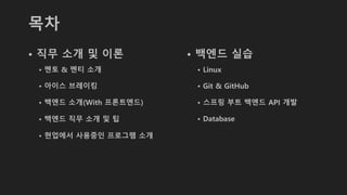 목차
• 직무 소개 및 이론 • 백엔드 실습
• 백엔드 소개(With 프론트엔드)
• 백엔드 직무 소개 및 팁
• 멘토 & 멘티 소개
• 아이스 브레이킹
• 현업에서 사용중인 프로그램 소개
• Linux
• Git & GitHub
• 스프링 부트 백엔드 API 개발
• Database
 