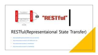 RESTful(Representaional State Transfer)
• https://gmlwjd9405.github.io/2018/09/21/rest-and-restful.html
• https://www.youtube.com/watch?v=RP_f5dMoHFc&t=723s
• https://www.youtube.com/watch?v=4DxHX95Lq2U
• https://www.youtube.com/watch?v=iOueE9AXDQQ
 