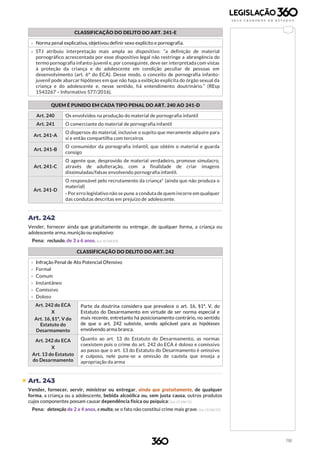 118
CLASSIFICAÇÃO DO DELITO DO ART. 241-E
b
› Norma penal explicativa, objetivou definir sexo explícito e pornografia.
› STJ atribuiu interpretação mais ampla ao dispositivo: “a definição de material
pornográfico acrescentada por esse dispositivo legal não restringe a abrangência do
termo pornografia infanto-juvenil e, por conseguinte, deve ser interpretada com vistas
à proteção da criança e do adolescente em condição peculiar de pessoas em
desenvolvimento (art. 6º do ECA). Desse modo, o conceito de pornografia infanto-
juvenil pode abarcar hipóteses em que não haja a exibição explícita do órgão sexual da
criança e do adolescente e, nesse sentido, há entendimento doutrinário.” (REsp
1543267 – Informativo 577/2016).
QUEM É PUNIDO EM CADA TIPO PENAL DO ART. 240 AO 241-D
Art. 240 Os envolvidos na produção do material de pornografia infantil
Art. 241 O comerciante do material de pornografia infantil
Art. 241-A
O dispersos do material, inclusive o sujeito que meramente adquire para
si e então compartilha com terceiros
Art. 241-B
O consumidor da pornografia infantil, que obtém o material e guarda
consigo
Art. 241-C
O agente que, desprovido de material verdadeiro, promove simulacro,
através de adulteração, com a finalidade de criar imagens
dissimuladas/falsas envolvendo pornografia infantil.
Art. 241-D
O responsável pelo recrutamento da criança* (ainda que não produza o
material)
› Por erro legislativo não se pune a conduta de quem incorre em qualquer
das condutas descritas em prejuízo de adolescente.
Art. 242
Vender, fornecer ainda que gratuitamente ou entregar, de qualquer forma, a criança ou
adolescente arma, munição ou explosivo:
Pena: reclusão, de 3 a 6 anos. (Lei 10.764/03)
CLASSIFICAÇÃO DO DELITO DO ART. 242
b
› Infração Penal de Ato Potencial Ofensivo
› Formal
› Comum
› Instantâneo
› Comissivo
› Doloso
Art. 242 do ECA
X
Art. 16, §1º, V do
Estatuto do
Desarmamento
Parte da doutrina considera que prevalece o art. 16, §1º, V, do
Estatuto do Desarmamento em virtude de ser norma especial e
mais recente, entretanto há posicionamento contrário, no sentido
de que o art. 242 subsiste, sendo aplicável para as hipóteses
envolvendo arma branca.
Art. 242 do ECA
X
Art. 13 do Estatuto
do Desarmamento
Quanto ao art. 13 do Estatuto do Desarmamento, as normas
coexistem pois o crime do art. 242 do ECA é doloso e comissivo
ao passo que o art. 13 do Estatuto do Desarmamento é omissivo
e culposo, nele pune-se a omissão de cautela que enseja a
apropriação da arma
 Art. 243
Vender, fornecer, servir, ministrar ou entregar, ainda que gratuitamente, de qualquer
forma, a criança ou a adolescente, bebida alcoólica ou, sem justa causa, outros produtos
cujos componentes possam causar dependência física ou psíquica: (Lei 13.106/15)
Pena: detenção de 2 a 4 anos, e multa, se o fato não constitui crime mais grave. (Lei 13.106/15)
 