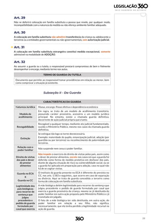 28
Art. 29
Não se deferirá colocação em família substituta a pessoa que revele, por qualquer modo,
incompatibilidade com a natureza da medida ou não ofereça ambiente familiar adequado.
Art. 30
A colocação em família substituta não admitirá transferência da criança ou adolescente a
terceiros ou a entidades governamentais ou não-governamentais, sem autorização judicial.
 Art. 31
A colocação em família substituta estrangeira constitui medida excepcional, somente
admissível na modalidade de ADOÇÃO.
Art. 32
Ao assumir a guarda ou a tutela, o responsável prestará compromisso de bem e fielmente
desempenhar o encargo, mediante termo nos autos.
TERMO DE GUARDA OU TUTELA
Documento que permite ao responsável tomar providências em relação ao menor, bem
como comprovar a situação já existente.
Subseção II - Da Guarda
CARACTERÍSTICAS DA GUARDA
Natureza Jurídica Munus, encargo. Posse efetiva e dependência econômica
Modelo de
acolhimento
Em regra, se trata de um modelo de acolhimento transitório,
possuindo caráter provisório, acessório a um modelo jurídico
principal. No entanto, existe a chamada guarda definitiva,
decorrente de ação judicial própria para tanto.
Revogabilidade
Revogável a qualquer tempo, mediante ato judicial fundamentado,
ouvido o Ministério Público, mesmo nos casos da chamada guarda
definitiva.
Extinção
Se extingue tão logo se torne desnecessária.
Exemplo: maioridade do pupilo, emancipação judicial, adoção (por
guardião ou por terceiros) ou reconhecimento de paternidade por
terceiros.
Relação com o
poder familiar
Não suspende nem cessa o poder familiar.
Direito de visitas
dos pais e dever
de prestar
alimentos
Não impede o exercício do direito de visitas pelos pais, assim como
o dever de prestar alimentos, exceto nos casos em que a guarda foi
deferida como forma de medida protetiva em desfavor dos pais,
diante de alguma situação de risco ou vulnerabilidade social, ou se
a guarda foi aplicada em preparação para adoção, caso no qual não
há de se cogitar visitas.
Guarda no ECA
X
Guarda no CC
O instituto da guarda presente no ECA é diferente do previsto no
CC, nos arts. 1.583 e seguintes., que ocorre em caso de separação
ou divórcio. Aqui se trata de guarda concedida a terceiro como
forma de colocação em família substituta.
Legitimidade dos
pais biológicos
para recorrer de
sentença que
julgou
procedente o
pedido de guarda
formulado por
casal que exercia
A mãe biológica detém legitimidade para recorrer da sentença que
julgou procedente o pedido de guarda formulado por casal que
exercia a guarda provisória da criança, mesmo se já́ destituída do
poder familiar em outra ação proposta pelo Ministério Público e já́
transitada em julgado.
O fato de a mãe biológica ter sido destituída, em outra ação, do
poder familiar em relação a seu filho, não significa,
necessariamente, que ela tenha perdido a legitimidade recursal na
ação de guarda.
 