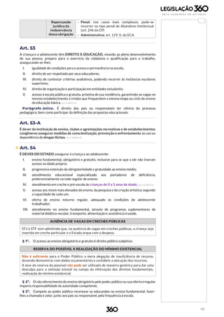 43
Repercussão
jurídica da
inobservância
dessa obrigação
› Penal: nos casos mais complexos, pode-se
incorrer no tipo penal de Abandono Intelectual
(art. 246 do CP)
› Administrativa: art. 129, V, do ECA.
Art. 53
A criança e o adolescente têm DIREITO À EDUCAÇÃO, visando ao pleno desenvolvimento
de sua pessoa, preparo para o exercício da cidadania e qualificação para o trabalho,
assegurando-se-lhes:
I. igualdade de condições para o acesso e permanência na escola;
II. direito de ser respeitado por seus educadores;
III. direito de contestar critérios avaliativos, podendo recorrer às instâncias escolares
superiores;
IV. direito de organização e participação em entidades estudantis;
V. acesso à escola pública e gratuita, próxima de sua residência, garantindo-se vagas no
mesmo estabelecimento a irmãos que frequentem a mesma etapa ou ciclo de ensino
da educação básica. (Lei 13.845/19)
Parágrafo único. É direito dos pais ou responsáveis ter ciência do processo
pedagógico, bem como participar da definição das propostas educacionais.
Art. 53-A
É dever da instituição de ensino, clubes e agremiações recreativas e de estabelecimentos
congêneres assegurar medidas de conscientização, prevenção e enfrentamento ao uso ou
dependência de drogas ilícitas. (Lei 13.840/19)
 Art. 54
É DEVER DO ESTADO assegurar à criança e ao adolescente:
I. ensino fundamental, obrigatório e gratuito, inclusive para os que a ele não tiveram
acesso na idade própria;
II. progressiva extensão da obrigatoriedade e gratuidade ao ensino médio;
III. atendimento educacional especializado aos portadores de deficiência,
preferencialmente na rede regular de ensino;
IV. atendimento em creche e pré-escola às crianças de 0 a 5 anos de idade; (Lei 13.306/16)
V. acesso aos níveis mais elevados do ensino, da pesquisa e da criação artística, segundo
a capacidade de cada um;
VI. oferta de ensino noturno regular, adequado às condições do adolescente
trabalhador;
VII. atendimento no ensino fundamental, através de programas suplementares de
material didático-escolar, transporte, alimentação e assistência à saúde.
AUSÊNCIA DE VAGAS EM CRECHES PÚBLICAS
STJ e STF vem admitindo que, na ausência de vagas em creches públicas, a criança seja
inserida em creche particular e o Estado arque com a despesa.
§ 1º. O acesso ao ensino obrigatório e gratuito é direito público subjetivo.
RESERVA DO POSSÍVEL X REALIZAÇÃO DO MÍNIMO EXISTENCIAL
Não é suficiente para o Poder Público a mera alegação de insuficiência de recurso,
devendo demonstrar com dados orçamentários e contábeis a alocação dos recursos.
A tese da reserva do possível não pode ser utilizada de maneira genérica para dar uma
desculpa para a omissão estatal no campo da efetivação dos direitos fundamentais,
realização do mínimo existencial.
§ 2º. O não oferecimento do ensino obrigatório pelo poder público ou sua oferta irregular
importa responsabilidade da autoridade competente.
§ 3º. Compete ao poder público recensear os educandos no ensino fundamental, fazer-
lhes a chamada e zelar, junto aos pais ou responsável, pela frequência à escola.
 