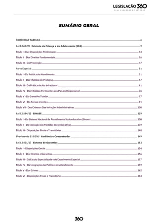 5
SUMÁRIO GERAL
ÍNDICE DAS TABELAS ...........................................................................................................................................................................6
Lei 8.069/90 - Estatuto da Criança e do Adolescente (ECA)...................................................................................................9
Título I - Das Disposições Preliminares .......................................................................................................................................................... 13
Título II - Dos Direitos Fundamentais............................................................................................................................................................. 16
Título III - Da Prevenção...................................................................................................................................................................................... 47
Parte Especial....................................................................................................................................................................................... 51
Título I - Da Política de Atendimento.............................................................................................................................................................. 51
Título II - Das Medidas de Proteção................................................................................................................................................................. 57
Título III - Da Prática de Ato Infracional ........................................................................................................................................................ 61
Título IV - Das Medidas Pertinentes aos Pais ou Responsável .............................................................................................................. 76
Título V - Do Conselho Tutelar.......................................................................................................................................................................... 77
Título VI - Do Acesso à Justiça........................................................................................................................................................................... 81
Título VII - Dos Crimes e Das Infrações Administrativas.......................................................................................................................108
Lei 12.594/12 - SINASE ...................................................................................................................................................................129
Título I - Do Sistema Nacional de Atendimento Socioeducativo (Sinase)........................................................................................130
Título II - Da Execução das Medidas Socioeducativas.............................................................................................................................139
Título III - Disposições Finais e Transitórias ...............................................................................................................................................148
Provimento 118/CNJ - Audiências Concentradas..................................................................................................................149
Lei 13.431/17 - Sistema de Garantias........................................................................................................................................153
Título I - Disposições Gerais .............................................................................................................................................................................154
Título II - Dos Direitos e Garantias.................................................................................................................................................................156
Título III - Da Escuta Especializada e do Depoimento Especial............................................................................................................157
Título IV - Da Integração das Políticas de Atendimento ........................................................................................................................159
Título V - Dos Crimes ..........................................................................................................................................................................................162
Título VI - Disposições Finais e Transitórias...............................................................................................................................................163
 