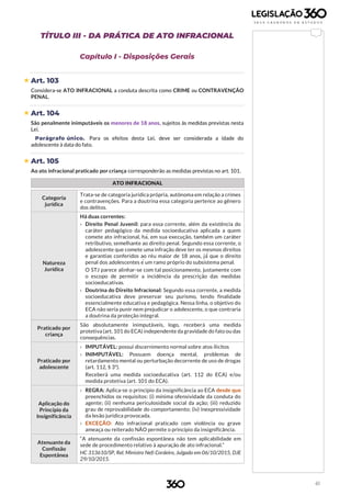 61
TÍTULO III - DA PRÁTICA DE ATO INFRACIONAL
Capítulo I - Disposições Gerais
 Art. 103
Considera-se ATO INFRACIONAL a conduta descrita como CRIME ou CONTRAVENÇÃO
PENAL.
 Art. 104
São penalmente inimputáveis os menores de 18 anos, sujeitos às medidas previstas nesta
Lei.
Parágrafo único. Para os efeitos desta Lei, deve ser considerada a idade do
adolescente à data do fato.
 Art. 105
Ao ato infracional praticado por criança corresponderão as medidas previstas no art. 101.
ATO INFRACIONAL
Categoria
jurídica
Trata-se de categoria jurídica própria, autônoma em relação a crimes
e contravenções. Para a doutrina essa categoria pertence ao gênero
dos delitos.
Natureza
Jurídica
Há duas correntes:
› Direito Penal Juvenil: para essa corrente, além da existência do
caráter pedagógico da medida socioeducativa aplicada a quem
comete ato infracional, há, em sua execução, também um caráter
retributivo, semelhante ao direito penal. Segundo essa corrente, o
adolescente que comete uma infração deve ter os mesmos direitos
e garantias conferidos ao réu maior de 18 anos, já́ que o direito
penal dos adolescentes é um ramo próprio do subsistema penal.
O STJ parece alinhar-se com tal posicionamento, justamente com
o escopo de permitir a incidência da prescrição das medidas
socioeducativas.
› Doutrina do Direito Infracional: Segundo essa corrente, a medida
socioeducativa deve preservar seu purismo, tendo finalidade
essencialmente educativa e pedagógica. Nessa linha, o objetivo do
ECA não seria punir nem prejudicar o adolescente, o que contraria
a doutrina da proteção integral.
Praticado por
criança
São absolutamente inimputáveis, logo, receberá uma medida
protetiva (art. 101 do ECA) independente da gravidade do fato ou das
consequências.
Praticado por
adolescente
› IMPUTÁVEL: possui discernimento normal sobre atos ilícitos
› INIMPUTÁVEL: Possuem doença mental, problemas de
retardamento mental ou perturbação decorrente de uso de drogas
(art. 112, § 3º).
Receberá uma medida socioeducativa (art. 112 do ECA) e/ou
medida protetiva (art. 101 do ECA).
Aplicação do
Princípio da
Insignificância
› REGRA: Aplica-se o princípio da insignificância ao ECA desde que
preenchidos os requisitos: (i) mínima ofensividade da conduta do
agente; (ii) nenhuma periculosidade social da ação; (iii) reduzido
grau de reprovabilidade do comportamento; (iv) inexpressividade
da lesão jurídica provocada.
› EXCEÇÃO: Ato infracional praticado com violência ou grave
ameaça ou reiterado NÃO permite o princípio da insignificância.
Atenuante da
Confissão
Espontânea
“A atenuante da confissão espontânea não tem aplicabilidade em
sede de procedimento relativo à apuração de ato infracional.”
HC 313610/SP, Rel. Ministro Nefi Cordeiro, Julgado em 06/10/2015, DJE
29/10/2015.
 