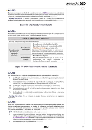 89
 Art. 163
O prazo máximo para conclusão do procedimento será de 120 dias, e caberá ao juiz, no caso
de notória inviabilidade de manutenção do poder familiar, dirigir esforços para preparar a
criança ou o adolescente com vistas à colocação em família substituta. (Lei 13.509/17)
Parágrafo único. A sentença que decretar a perda ou a suspensão do poder familiar
será averbada à margem do registro de nascimento da criança ou do adolescente. (Lei 12.010/09)
Seção III - Da Destituição da Tutela
Art. 164
Na destituição da tutela, observar-se-á o procedimento para a remoção de tutor previsto na
lei processual civil e, no que couber, o disposto na seção anterior.
COLOCAÇÃO EM FAMÍLIA SUBSTITUTA
Abrange as hipóteses de guarda, tutela e adoção
Procedimentos
de colocação
em família
substituta
Procedimento
Simplificado
› Procedimento de jurisdição voluntária
› Formulado diretamente em cartório (art. 166)
› Não há contestação por parte dos pais.
Sejam eles falecidos, destituídos ou suspensos do
poder familiar, ou quando aderiram expressamente
à determinação de colocação em família substituta
Procedimento
Litigioso
› Procedimento litigioso
› Os pais se opõem à colocação da criança ou do
adolescente em família substituta, é
indispensável a presença de advogado
Seção IV - Da Colocação em Família Substituta
Art. 165
São REQUISITOS para a concessão de pedidos de colocação em família substituta:
I. qualificação completa do requerente ede seu eventual cônjuge, ou companheiro, com
expressa anuência deste;
II. indicação de eventual parentesco do requerente e de seu cônjuge, ou companheiro,
com a criança ou adolescente, especificando se tem ou não parente vivo;
III. qualificação completa da criança ou adolescente e de seus pais, se conhecidos;
IV. indicação do cartório onde foi inscrito nascimento, anexando, se possível, uma cópia
da respectiva certidão;
V. declaração sobre a existência de bens, direitos ou rendimentos relativos à criança ou
ao adolescente.
Parágrafo único. Em se tratando de adoção, observar-se-ão também os requisitos
específicos.
 Art. 166
Se os pais forem falecidos, tiverem sido destituídos ou suspensos do poder familiar, ou
houverem aderido expressamente ao pedido de colocação em família substituta, este
poderá ser formulado diretamente em cartório, em petição assinada pelos próprios
requerentes, dispensada a assistência de advogado. (Lei 12.010/09)
§ 1º. Na hipótese de concordância dos pais, o juiz: (Lei 13.509/17)
I. na presença do Ministério Público, ouvirá as partes, devidamente assistidas por
advogado ou por defensor público, para verificar sua concordância com a adoção, no
prazo máximo de 10 dias, contado da data do protocolo da petição ou da entrega da
criança em juízo, tomando por termo as declarações; e (Lei 13.509/17)
II. declarará a extinção do poder familiar. (Lei 13.509/17)
 