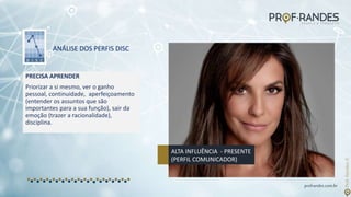 profrandes.com.br
ANÁLISE DOS PERFIS DISC
ALTA INFLUÊNCIA - PRESENTE
(PERFIL COMUNICADOR)
PRECISA APRENDER
Priorizar a si mesmo, ver o ganho
pessoal, continuidade, aperfeiçoamento
(entender os assuntos que são
importantes para a sua função), sair da
emoção (trazer a racionalidade),
disciplina.
 