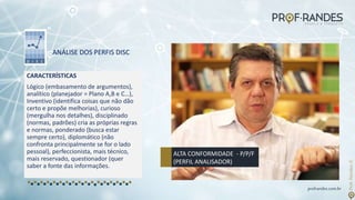 profrandes.com.br
ALTA CONFORMIDADE - P/P/F
(PERFIL ANALISADOR)
ANÁLISE DOS PERFIS DISC
CARACTERÍSTICAS
Lógico (embasamento de argumentos),
analítico (planejador = Plano A,B e C…),
Inventivo (identifica coisas que não dão
certo e propõe melhorias), curioso
(mergulha nos detalhes), disciplinado
(normas, padrões) cria as próprias regras
e normas, ponderado (busca estar
sempre certo), diplomático (não
confronta principalmente se for o lado
pessoal), perfeccionista, mais técnico,
mais reservado, questionador (quer
saber a fonte das informações.
 