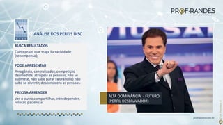 profrandes.com.br
ALTA DOMINÂNCIA - FUTURO
(PERFIL DESBRAVADOR)
BUSCA RESULTADOS
Curto prazo que traga lucratividade
(recompensa);
PODE APRESENTAR
Arrogância, centralizador, competição
desmedida, atropela as pessoas, não se
submete, não sabe parar (workholic) não
sabe se divertir, desconsidera as pessoas.
PRECISA APRENDER
Ver o outro,compartilhar, interdepender,
relaxar, paciência.
ANÁLISE DOS PERFIS DISC
 