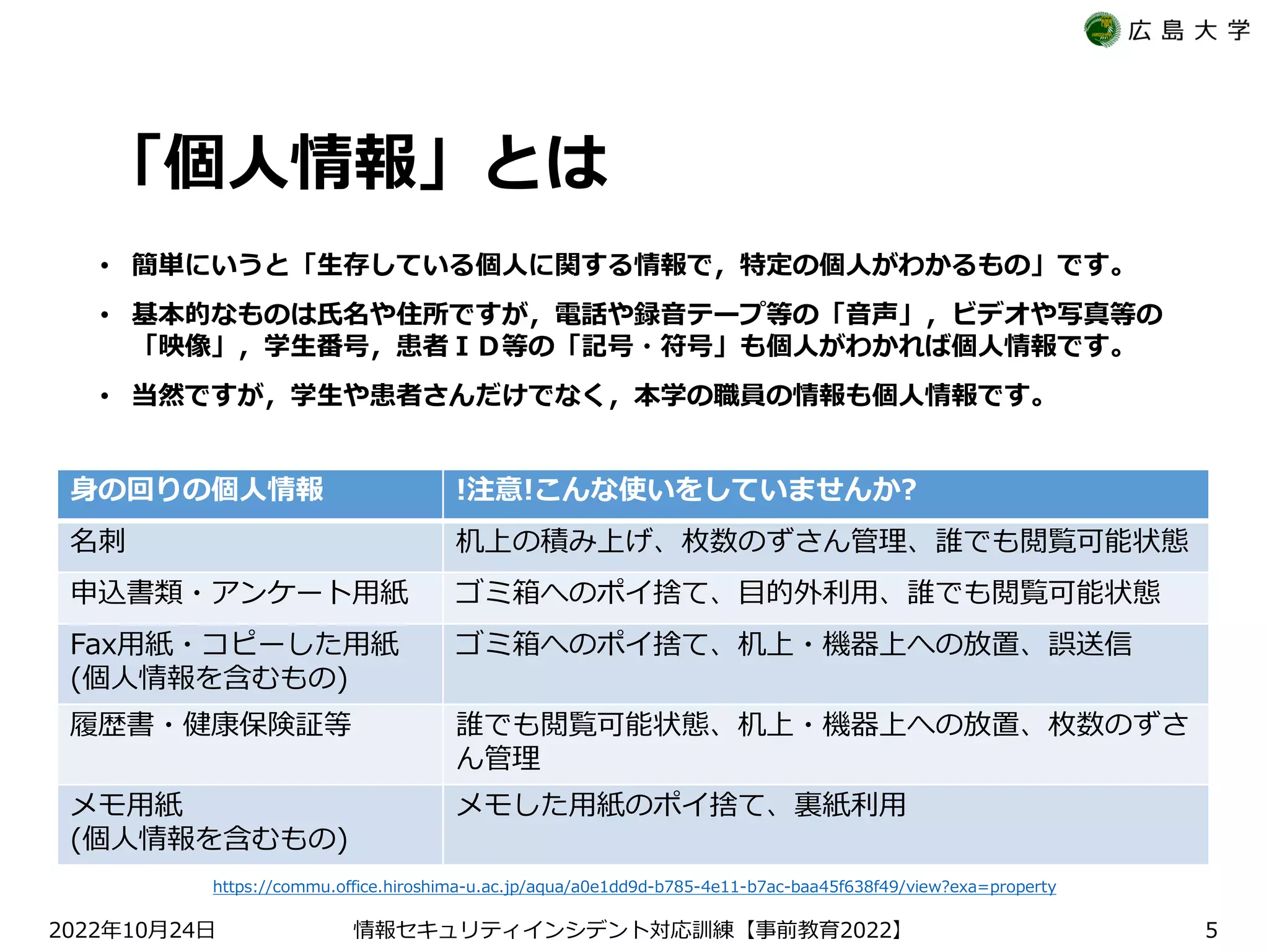 「個人情報」とは
• 簡単にいうと「生存している個人に関する情報で，特定の個人がわかるもの」です。
• 基本的なものは氏名や住所ですが，電話や録音テープ等の「音声」，ビデオや写真等の
「映像」，学生番号，患者ＩＤ等の「記号・符号」も個人がわかれば個人情報です。
• 当然ですが，学生や患者さんだけでなく，本学の職員の情報も個人情報です。
2022 10 24
年 月 日 【 2022】
情報セキュリティインシデント対応訓練 事前教育 5
身の回りの個人情報 !注意!こんな使いをしていませんか?
名刺 机上の積み上げ、枚数のずさん管理、誰でも閲覧可能状態
申込書類・アンケート用紙 ゴミ箱へのポイ捨て、目的外利用、誰でも閲覧可能状態
Fax用紙・コピーした用紙
(個人情報を含むもの)
ゴミ箱へのポイ捨て、机上・機器上への放置、誤送信
履歴書・健康保険証等 誰でも閲覧可能状態、机上・機器上への放置、枚数のずさ
ん管理
メモ用紙
(個人情報を含むもの)
メモした用紙のポイ捨て、裏紙利用
https://commu.office.hiroshima-u.ac.jp/aqua/a0e1dd9d-b785-4e11-b7ac-baa45f638f49/view?exa=property
 