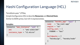 Hashi Configuration Language (HCL)
Terraform uses *.tf files.
Simple Configuration DSL to describeResources and Desired State.
Similar to JSON syntax, but rich in expressiveness.
Samples:
resource "aws_instance" "web" {
ami = "ami-a1b2c3d4"
instance_type = "t2.micro"
}
resource "heroku_app" "app1" {
name = "my-cool-app"
region = "us"
config_vars = {
FOOBAR = "baz"
}
buildpacks = [
"heroku/go", "heroku/node"
]
}
 