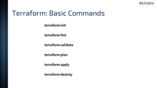 Terraform: Basic Commands
terraforminit
terraformfmt
terraformvalidate
terraformplan
terraformapply
terraformdestroy
 