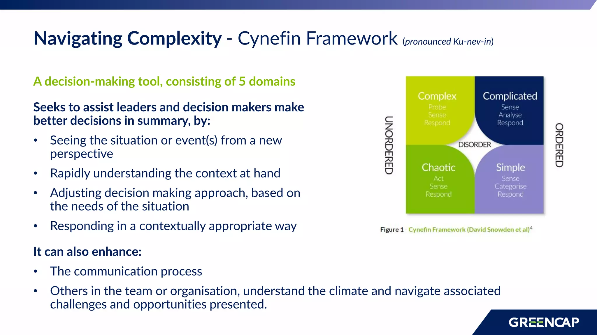 Navigating Complexity - Cynefin Framework (pronounced Ku-nev-in)
A decision-making tool, consisting of 5 domains
Seeks to assist leaders and decision makers make
better decisions in summary, by:
• Seeing the situation or event(s) from a new
perspective
• Rapidly understanding the context at hand
• Adjusting decision making approach, based on
the needs of the situation
• Responding in a contextually appropriate way
It can also enhance:
• The communication process
• Others in the team or organisation, understand the climate and navigate associated
challenges and opportunities presented.
 