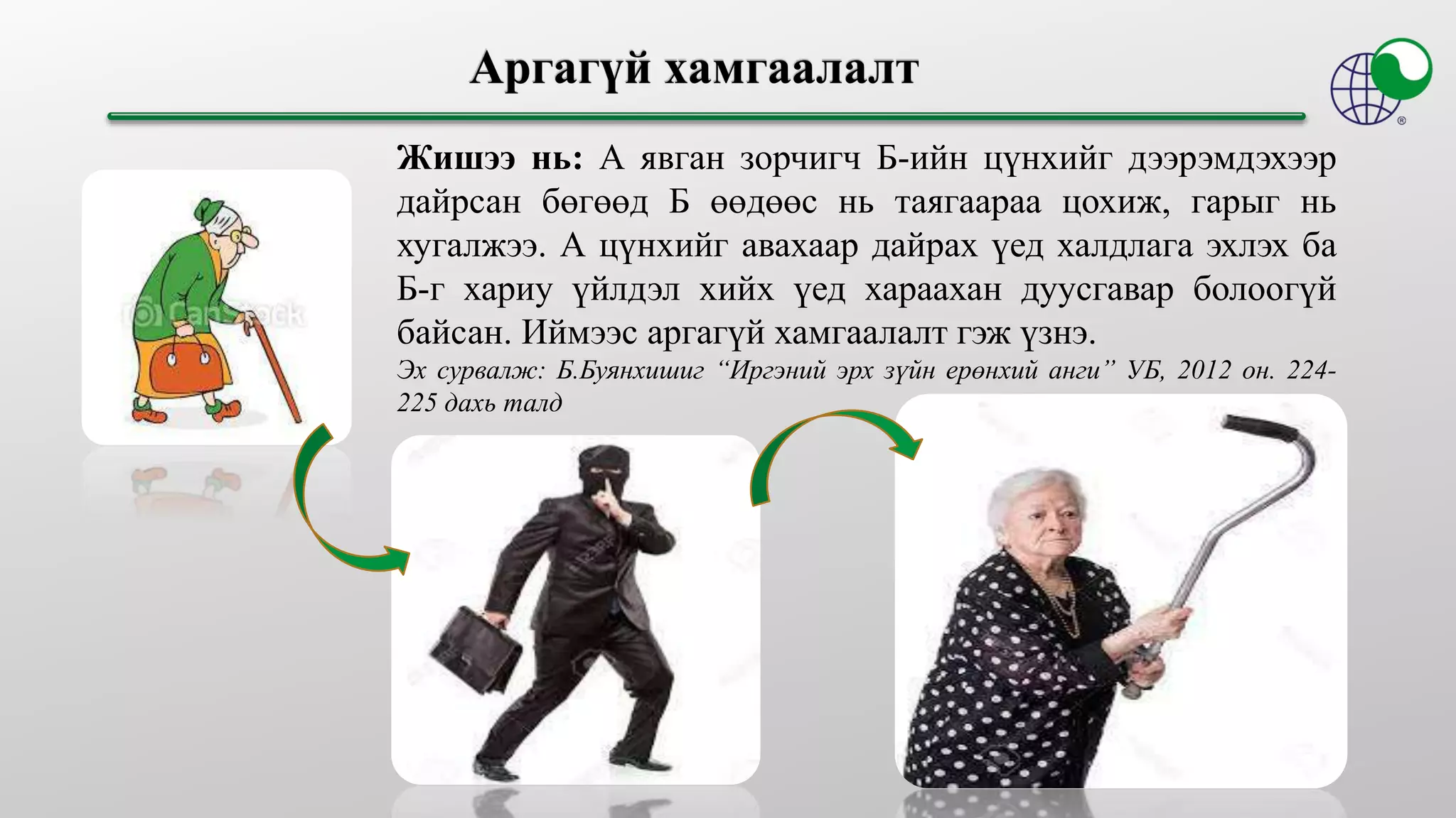 Жишээ нь: А явган зорчигч Б-ийн цүнхийг дээрэмдэхээр
дайрсан бөгөөд Б өөдөөс нь таягаараа цохиж, гарыг нь
хугалжээ. А цүнхийг авахаар дайрах үед халдлага эхлэх ба
Б-г хариу үйлдэл хийх үед хараахан дуусгавар болоогүй
байсан. Иймээс аргагүй хамгаалалт гэж үзнэ.
Эх сурвалж: Б.Буянхишиг “Иргэний эрх зүйн ерөнхий анги” УБ, 2012 он. 224-
225 дахь талд
 