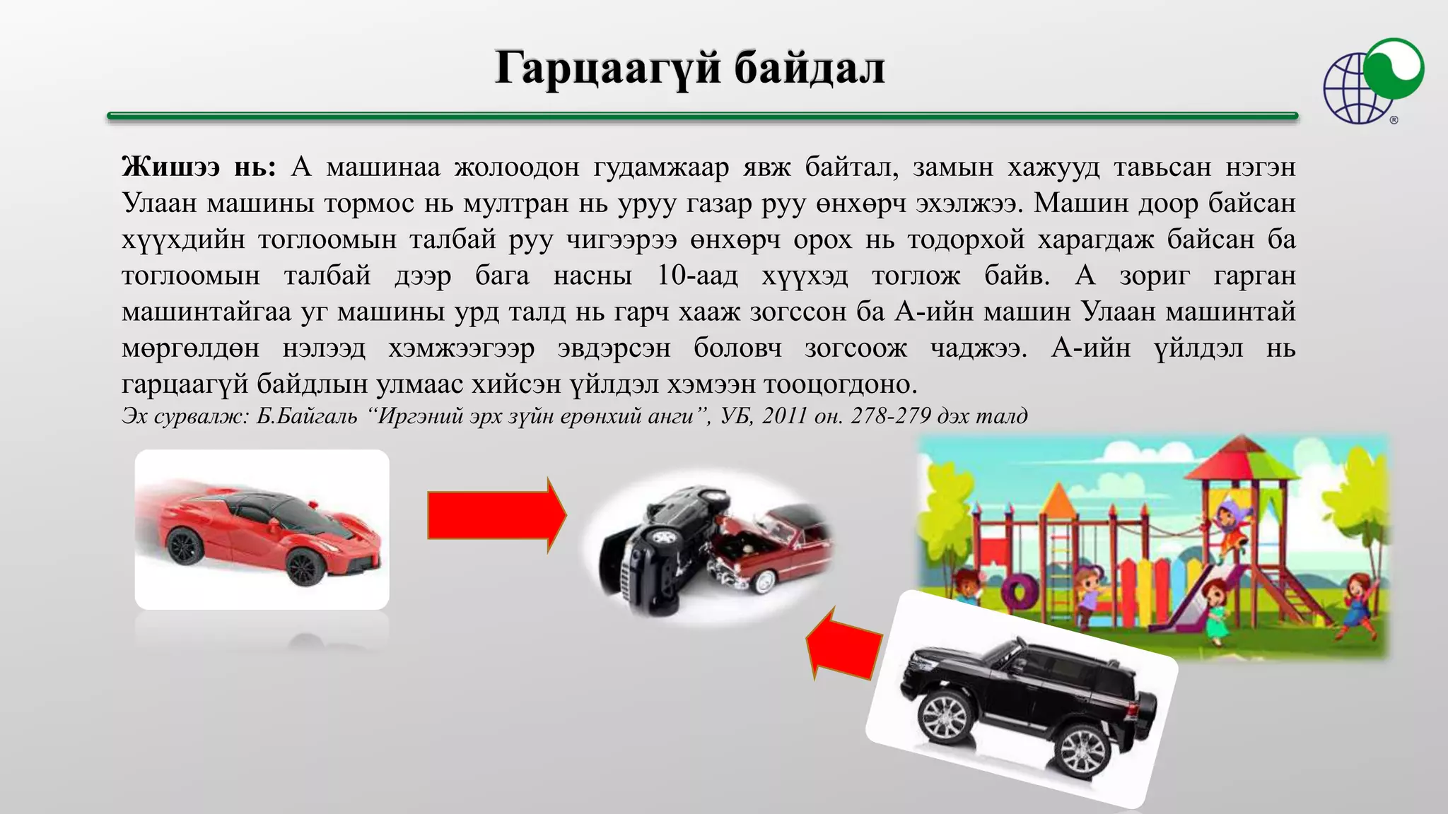 Жишээ нь: А машинаа жолоодон гудамжаар явж байтал, замын хажууд тавьсан нэгэн
Улаан машины тормос нь мултран нь уруу газар руу өнхөрч эхэлжээ. Машин доор байсан
хүүхдийн тоглоомын талбай руу чигээрээ өнхөрч орох нь тодорхой харагдаж байсан ба
тоглоомын талбай дээр бага насны 10-аад хүүхэд тоглож байв. А зориг гарган
машинтайгаа уг машины урд талд нь гарч хааж зогссон ба А-ийн машин Улаан машинтай
мөргөлдөн нэлээд хэмжээгээр эвдэрсэн боловч зогсоож чаджээ. А-ийн үйлдэл нь
гарцаагүй байдлын улмаас хийсэн үйлдэл хэмээн тооцогдоно.
Эх сурвалж: Б.Байгаль “Иргэний эрх зүйн ерөнхий анги”, УБ, 2011 он. 278-279 дэх талд
 