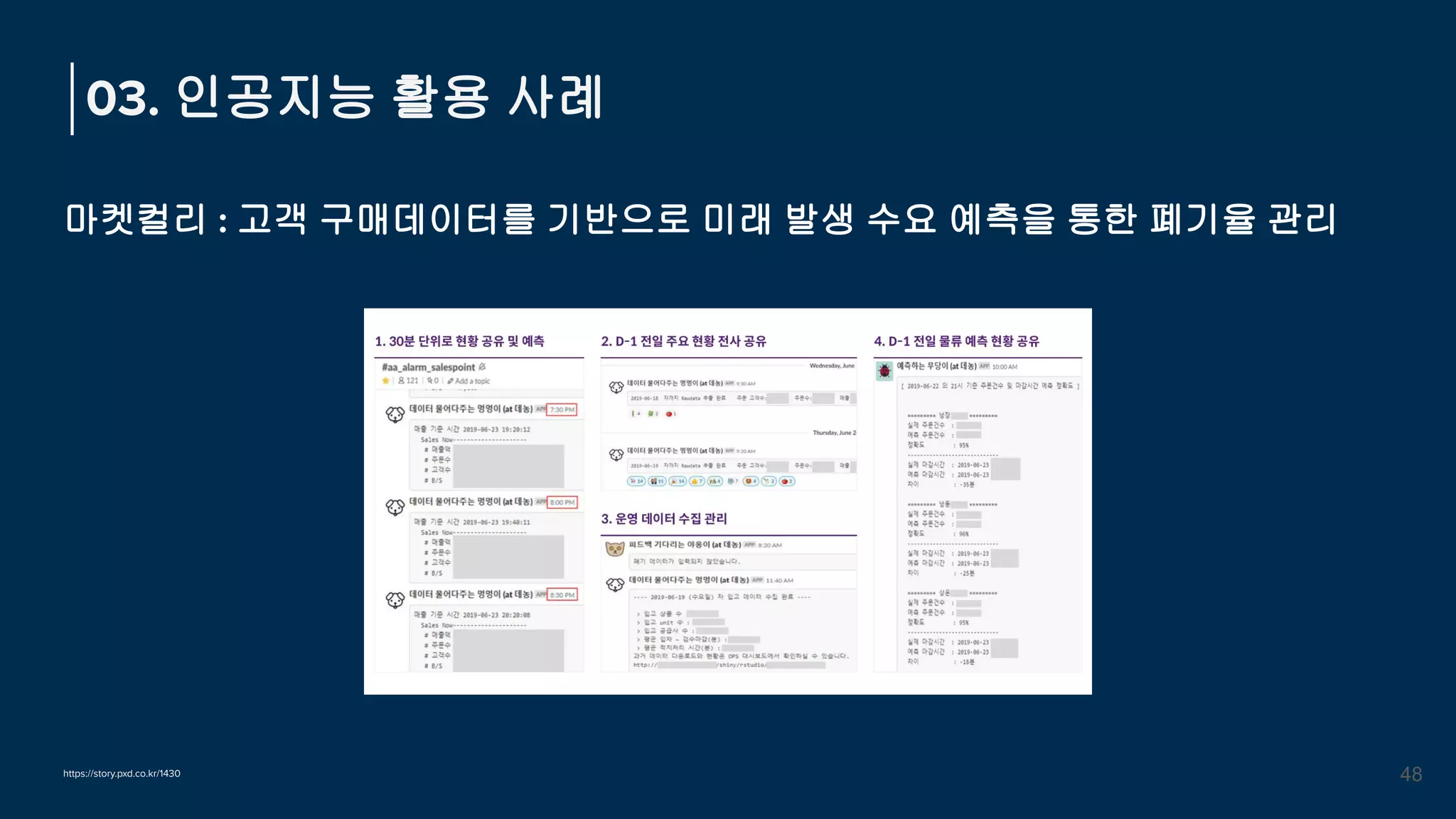 마켓컬리 : 고객 구매데이터를 기반으로 미래 발생 수요 예측을 통한 폐기율 관리
03. 인공지능 활용 사례
48
https://story.pxd.co.kr/1430
 
