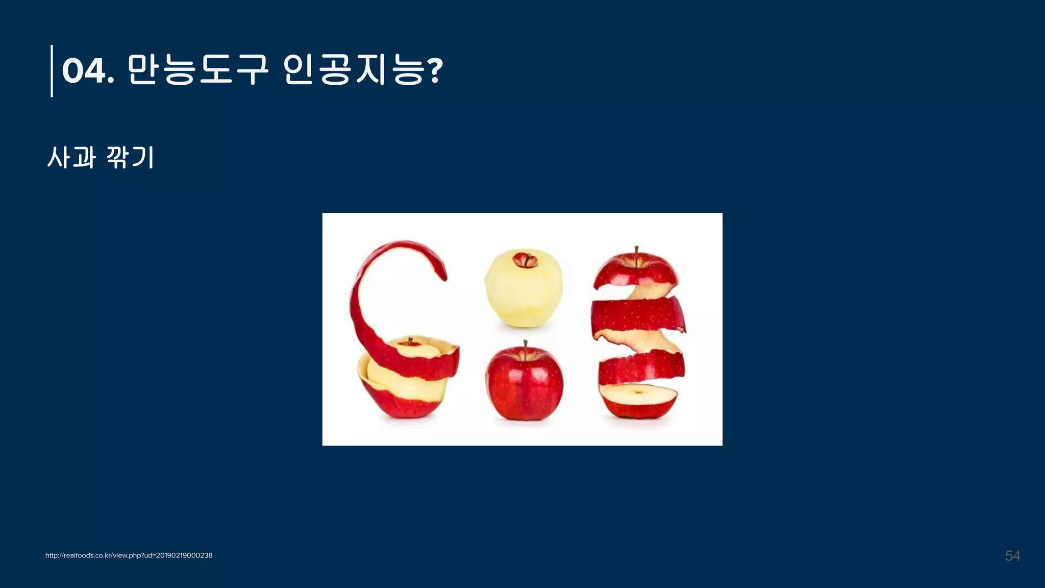 사과 깎기
04. 만능도구 인공지능?
54
http://realfoods.co.kr/view.php?ud=20190219000238
 