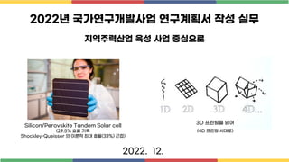 2022년 국가연구개발사업 연구계획서 작성 실무
2022. 12.
Silicon/Perovskite Tandem Solar cell
(29.5% 효율 기록
Shockley-Queisser 의 이론적 최대 효율(33%) 근접)
3D 프린팅을 넘어
(4D 프린팅 시대로)
지역주력산업 육성 사업 중심으로
 