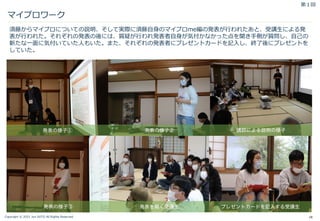 Copyright © 2021 Jun SUTO All Rights Reserved.
マイプロワーク
28
プレゼントカードを記入する受講生
発表を聞く受講生
第１回
発表の様子① 発表の様子② 講師による説明の様子
発表の様子③
須藤からマイプロについての説明、そして実際に須藤自身のマイプロme編の発表が行われたあと、受講生による発
表が行われた。それぞれの発表の後には、質疑が行われ発表者自身が気付かなかった点を聞き手側が質問し、自己の
新たな一面に気付いていた人もいた。また、それぞれの発表者にプレゼントカードを記入し、終了後にプレゼントを
していた。
 