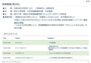 Copyright © 2021 Jun SUTO All Rights Reserved.
実施概要(第2回)
 日 時：令和4年5月28日（土） 13時00分～18時00分
 会 場：四万十町役場 大正地域振興局2階 大会議室
 主 催：四万十町・高知大学地域協働学部コミュニティデザイン研究室
 実施内容：「地域のために何かしたい」「起業をしてみたいけど、まだ勇気がない」
「何をして良いのかわからない」そういった方々を対象に全5回の地域イノベーター養成
講座を開催。
一人ひとりが自分事として、地域課題解決や活性化を目指す「チャレンジする人材」の
学びの場。
【タイムライン】
30
第2回
Time Theme Contents
13:00-13:20 チェックイン • 今の気持ち
13:20-14:50 キーノートスピーチ
• 馬場 加奈子氏
（株式会社サンクラッド代表取締役／NPO法人学生服リユース協会
理事長）
15:00-16:00 マイプロワーク • グループに分かれてマイプロの共有
16:00-18:00 レゴⓇシリアスプレイⓇワーク • レゴ®を使用し自分の気持ちを表現する
 