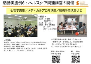 心理学講座／メディカルアロマ講座／腰痛予防講座など
<詳細>
普段はフットサルやバレーボールなどの参加者の方々の
専門性と、興味を持ってもらえそうなテーマ（健康など）
を掛け合わせた講座を実施。
特に心理学講座（写真上）とメディカルアロマ講座（写真
右）に関しては、2014年よりスタート。
<概要>
●日時:不定期
（2014年～）
●人数:5～15名
●場所:かわぐち市民
パートナー
ステーションなど
※心理学講座の延⾧で藤田大介さんには、
「地域でスポーツを楽しみ、自分の居場所
（サードプレイス）にするために」
というテーマで執筆していただきました!
初めて参加する時 続けて参加
のポイント編 するコツ編
活動実施例6:ヘルスケア関連講座の開催
 