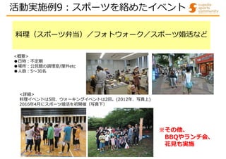 料理（スポーツ弁当）／フォトウォーク／スポーツ婚活など
<詳細>
料理イベントは5回、ウォーキングイベントは2回。(2012年、写真上)
2016年4月にスポーツ婚活を初開催（写真下）
<概要>
●日時:不定期
●場所:公民館の調理室/屋外etc
●人数:5～30名
※その他、
BBQやランチ会、
花見も実施
活動実施例9:スポーツを絡めたイベント
 