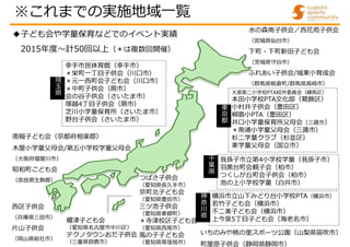 南稲子ども会（京都府相楽郡）
木屋小学童父母会/第五小学校学童父母会
（大阪府寝屋川市）
昭和町こども会
（奈良県生駒郡） つばさ子供会
（愛知県⾧久手市）
京町北子ども会
（愛知県豊田市）
三ツ池子供会
（愛知県東郷町）
＊寺津校区子ども会
（愛知県西尾市）
風の子子ども会
（愛知県尾張旭市）
水の森南子供会／西花苑子供会
（宮城県仙台市）
下町・下町新田子ども会
（茨城県守谷市）
ふれあい子供会/城東小育成会
（群馬県板倉町/群馬県高崎市）
大泉第二小学校PTA校外委員会（練馬区）
本田小学校PTA文化部（葛飾区）
小村井子供会（墨田区）
柳島小PTA（墨田区）
井口小学童保育所父母会（三鷹市）
＊南浦小学童父母会（三鷹市）
杉二学童クラブ（杉並区）
東学童父母会（国立市）
幸手市民体育館（幸手市）
＊栄町一丁目子供会（川口市）
＊元一西町会子ども会（川口市）
＊中町子供会（蕨市）
会の谷子供会（さいたま市）
塚越4丁目子供会（蕨市）
芝川小学童保育所（さいたま市）
野台子供会（さいたま市）
我孫子市立第4小学校学童（我孫子市）
羽黒台町会親子会（柏市）
つくしが丘町会子供会（柏市）
池の上小学校学童（白井市）
千
葉
県
東
京
都
埼
玉
県
◆子ども会や学童保育などでのイベント実績
2015年度～計50回以上（＊は複数回開催）
※これまでの実施地域一覧
横浜市立山下みどり台小学校PTA（横浜市）
若竹子ども会（横浜市）
不二美子ども会（横浜市）
上今泉5丁目子ども会（海老名市）
神
奈
川
県
いちのみや桃の里スポーツ公園（山梨県笛吹市）
町屋原子供会（静岡県静岡市）
西区子供会
（兵庫県三田市）
片山子供会
（岡山県総社市）
榎津子ども会
（愛知県名古屋市中川区）
テクノタウンおだ子供会
（三重県鈴鹿市）
 