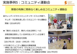 障害の有無に関係なく楽しめるコミュニティ運動会
※その他コミュニティ運動会の開催実績
・神明いきいきプラザで（子どもとシニアの方々の）
多世代交流型のイベントを開催（2015年8月）
・BNIの1チャプターにてコミュニティ運動会を開催（2017年5月）
◆セレンディピタスコミュニティサービスと共催で、
キュポ・ラ広場を貸し切ってのユニバーサル運動会
開催（2016年5月）
◆「障がいのある子、障がいのある青年」への
余暇活動支援をしているNPO法人すてっぷ主催で
運動会や球技体験会を実施
（2017年1月・2018・19年2月・7月）
実施事例5:コミュニティ運動会
 
