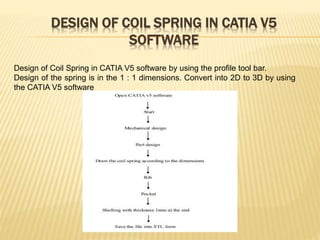 DESIGN OF COIL SPRING IN CATIA V5
SOFTWARE
Design of Coil Spring in CATIA V5 software by using the profile tool bar.
Design of the spring is in the 1 : 1 dimensions. Convert into 2D to 3D by using
the CATIA V5 software
 