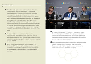 13
12
Конституціоналізм
4 Розроблено та презентовано проєкт Зеленої книги
законодавчого процесу, метою якої є виявлення,
формулювання та встановлення основних проблем
законодавчого процесу, на підставі яких можна
запропонувати оптимальні шляхи їх вирішення. Зелена
книга фактично ідентифікувала проблеми, які заважають
законодавчому процесу в Україні бути ефективним
способом формалізації політики держави, а також
породжують низьку якість національного законодавства.
На підставі Зеленої книги буде підготовлена Біла книга
законодавчого процесу, яка буде присвячена пошуку
шляхів та способів розв’язання проблем, описаних у цій
книзі.
5 30 грудня 2022 року у Верховній Раді України
зареєстрували проєкт Закону про внесення змін до
деяких законодавчих актів України щодо правил етичної
поведінки народних депутатів України (Етичного кодексу)
(реєстр. № 8327).
6 ЦППР підписав меморандуми про співпрацю з: (1)
Комітетом ВРУ з питань організації державної влади,
місцевого самоврядування, регіонального розвитку та
містобудування; (2) Комітетом ВРУ з питань правової
політики.
7 27 червня 2022 року ЦППР спільно з Верховною Радою
України, Програмою RANG та Міжнародним інститутом
демократії та сприяння виборам організував публічний
парламентський семінар «Гарантування конституційного
статусу парламенту в умовах війни».
8 Юлія Кириченко увійшла до складу секції «Конституційне
право» Науково-консультативної ради при Голові
Верховної Ради України та здійснювала керівництво
діяльністю цієї секції протягом 2022 року.
 