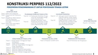 esdm.go.id | @kesdm Kementerian Energi dan Sumber Daya Mineral|
KONSTRUKSI PERPRES 112/2022
PERCEPATAN PENGEMBANGAN ET UNTUK PENYEDIAAN TENAGA LISTRIK
Pasal 1 Definisi dan pengertian
Pasal 2 Penyusunan dan Pelaksanan
RUPTL
Pasal 3 Pengakhiran Waktu Operasi
PLTU dan Ketentuan
Pelarangan Pembangunan
PLTU Baru
Pasal 4 Definisi dan ruang lingkup
energi terbarukan
BAB I
KETENTUAN UMUM
Pasal 14 - 19 Pelaksanaan Pembelian Tenaga
Listrik dari Pembangkit Tenaga
Listrik yang Seluruhnya
Dibangun oleh Badan Usaha
Pasal 20 Pelaksanaan Pembelian Tenaga
Listrik dari Pembangkit Tenaga
Listrik yang berasal dari Hibah
BAB III
PELAKSANAAN PEMBELIAN TENAGA LISTRIK
Pasal 22 – 27 Dukungan Insentif Fiskal dan Non
Fiskal dari Menteri terkait, kepala
lembaga, atau pemerintah daerah
Pasal 28 Harga Pembelian Tenaga Listrik
dan Pelaksanaan penawaran WKP
atau penugasan pengusahaan
panas bumi kepada BUMN
BAB V
DUKUNGAN PEMERINTAH
Pasal 41 – 42 Peralihan
BAB VII
KETENTUAN PERALIHAN
Pasal 5 – 7Harga Patokan Tertinggi dan Harga
Kesepakatan
Pasal 8 Harga Fasilitas Jaringan
Pasal 9 Ketentuan Harga Patokan Tertinggi dan
Harga Kesepakatan
Pasal 10 Harga fasilitas baterai
Pasal 11 Ketentuan harga dari excess power
Pasal 12 Ketentuan harga dari PLT EBT Hibah
Pasal 13 Ketentuan Transaksi menggunakan Rupiah
BAB II
HARGA PEMBELIAN TENAGA LISTRIK
Pasal 21 Perjanjian Jual Beli Listrik
BAB IV
PERJANJIAN JUAL BELI LISTRIK
Pasal 29 Pembinaan dan Pengawasan
BAB VI
PEMBINAAN DAN PENGAWASAN
3
 