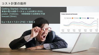 Ӌο
Getting Started / Hands on
ͥMǩ`å(400܎1)
predict (1h45min) 1rgg36rgy
forecast (30min)
0.x + 8.4 + 1.0 + 2*43 = $95.4
 