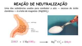 Uma das substâncias usadas para combater a azia — excesso de ácido
clorídrico — é o leite de magnésia (Mg(OH)2).
REAÇÃO DE NEUTRALIZAÇÃO
 